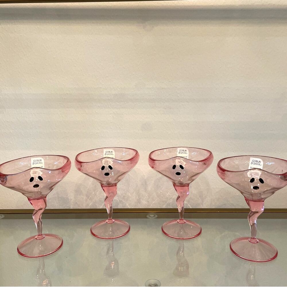 4pc Goblin & Ghoul Halloween Ghost Pink Acrylic Martini Margarita Glasses NEW
